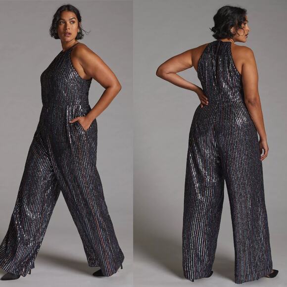 Anthropologie Maeve Disco Halter Sequin Cutout Plus Size Jumpsuit Size 20 - Picture 1 of 9